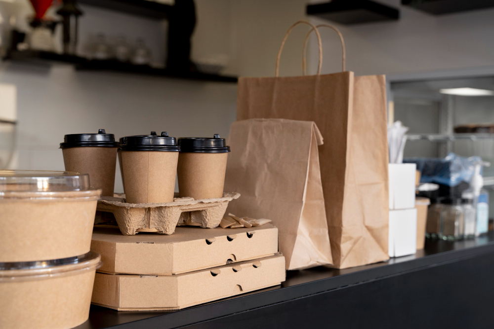 Imagem com tipos de embalagem sustentáveis: papel e papelão